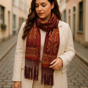 Vintage Echo Silk Tassel Scarf – Rust & Gold Paisley, 80” Bohemian Luxe